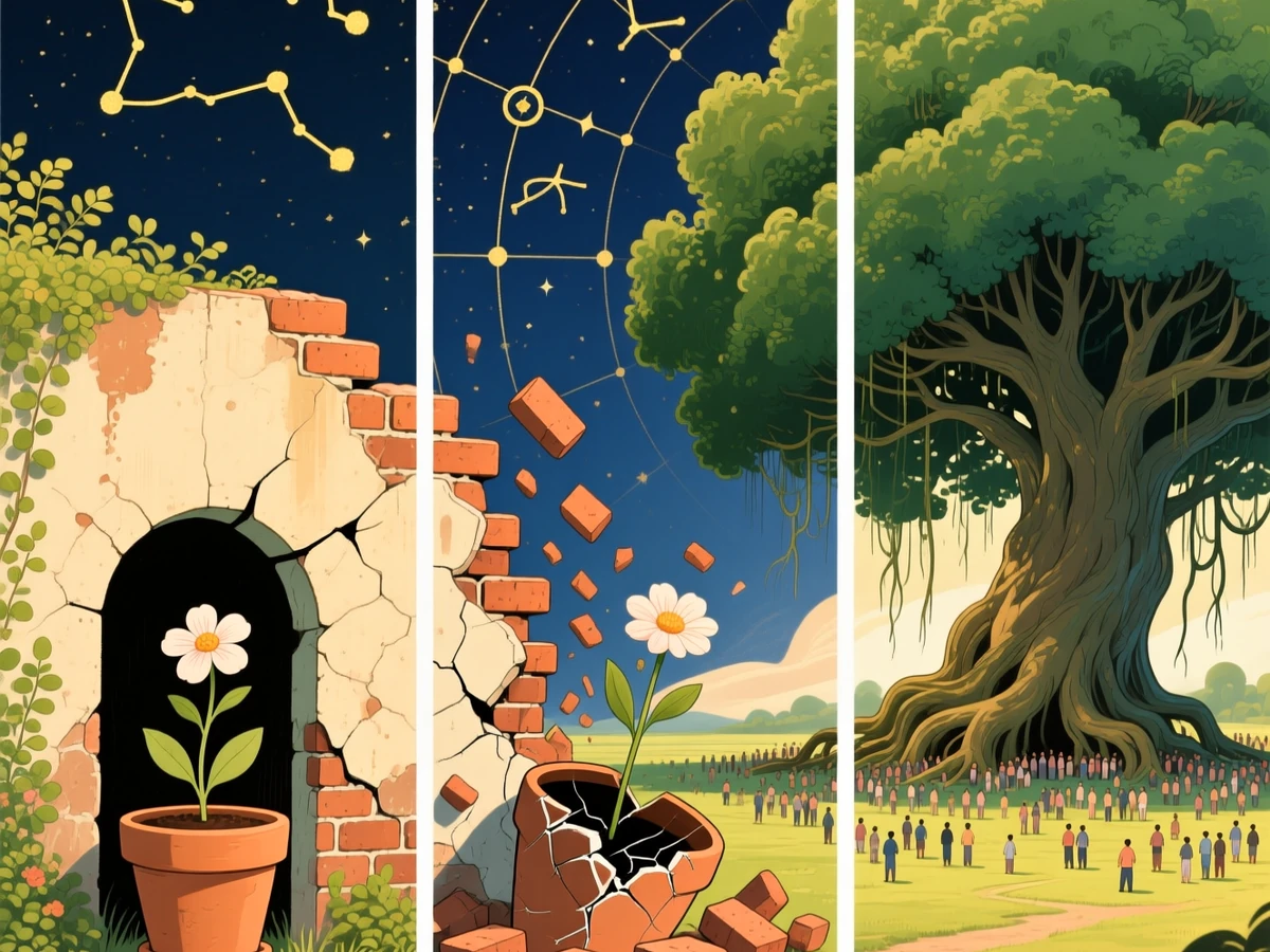 A banyan tree spreading wide — what the garden flower becomes when the walls fall